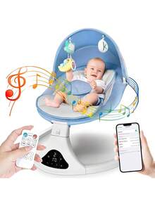Smart Bluetooth Baby Swing With Remote Control - 5 Speed Gentle Sway| Portable Infant Swing With Machine-Washable Seat (0-12M, 6-20lbs) - Blue - View 3
