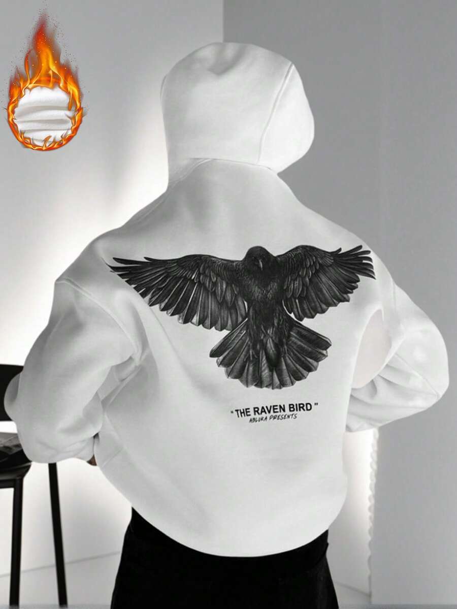 K-GLORY 男士连帽衫，秋冬新款个性化街头乌鸦鸟英文标语印花抓绒套头卫衣 - 白色 - 查看 1