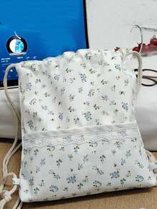 大容量碎花双肩包，小众设计ins风抽绳双肩包，清新帆布学生背包，适合户外活动、日常购物、上学等场合。 - 彩色 - 查看 4