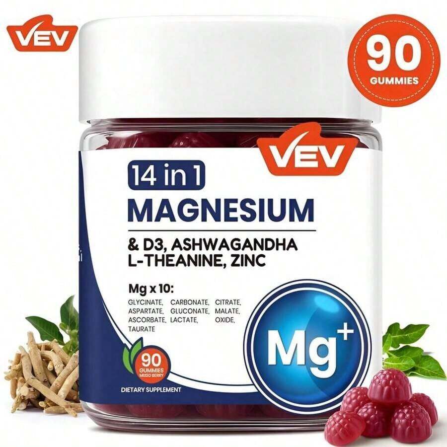 VEV 14-In-1 Magnesium Gummies – With Ashwagandha, L-Theanine, Vitamin D3 & Zinc - 1PC - 查看 1