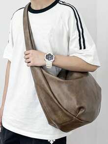 Borsa a tracolla casual in stile retrò Ins, borsa a spalla di grande capacità con cinghia non regolabile, borsa hobo in pelle pieghevole, nuova borsa a tracolla personalizzata per pendolarismo, viaggio, scuola, università - Castano - Visualizzare 3