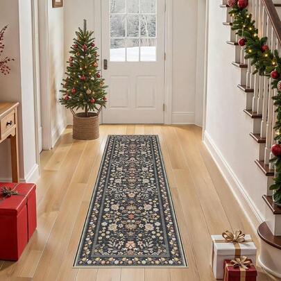Runner Rug For Hallways Kitchen: 2x6 Washable Area Rug Boho Floral Soft Long Rug - Non-Slip Low Pile Throw Indoor Carpet For Entryway Kitchen Bedroom Laundry Bathroom - Black Grey,2'x6'(Runner),BlackGrey