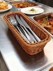 1pc Rectangular Rattan Cutlery Basket, Dual Color Options - Rattan Woven Utensil Storage Box For Kitchen Countertop And Drawers | Suitable For Tableware, Knives, Forks, Spoons Woven Storage Basket | Farmhouse Style Kitchen Organizer