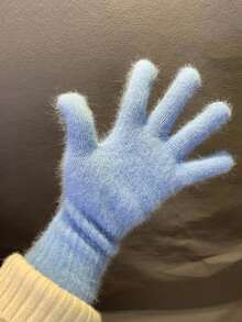 1 双女士保暖触屏露指手套，纯色针织加厚长袖口手套，适合秋冬季