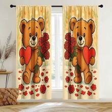 2片装可爱玫瑰熊印花窗帘，保护隐私，涤纶材质，情人节窗帘装饰，儿童房装饰，杆袋式窗帘 - 彩色 - 查看 1