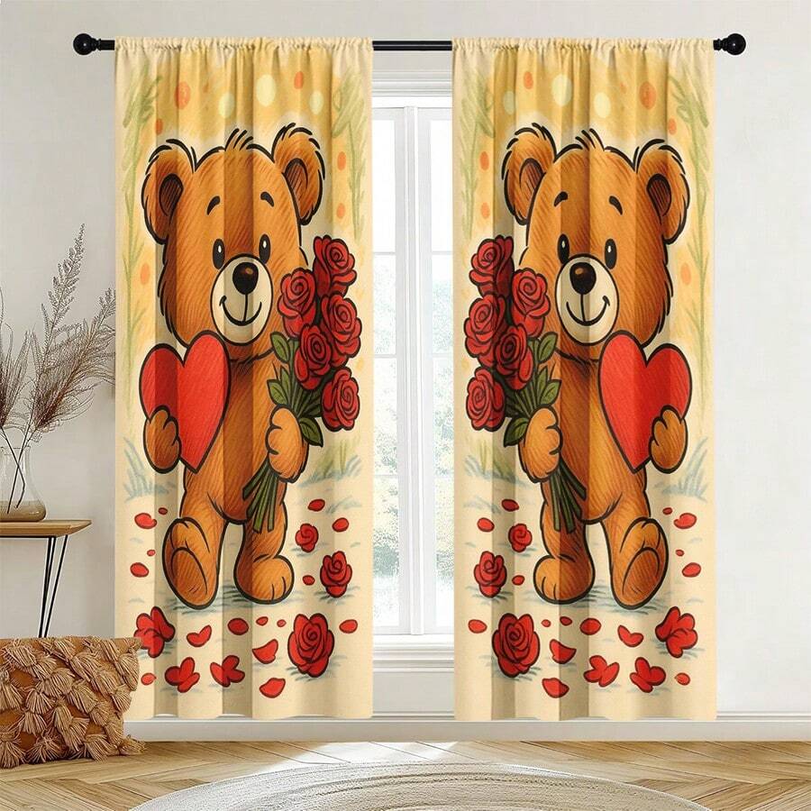 2片装可爱玫瑰熊印花窗帘，保护隐私，涤纶材质，情人节窗帘装饰，儿童房装饰，杆袋式窗帘 - 彩色 - 查看 1