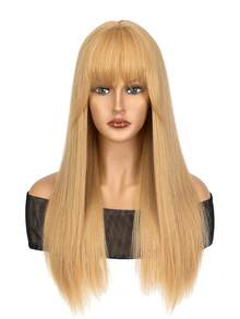 24-Inch Synthetic Wig With Bangs, Long Straight Golden Hair, Heat Resistant Synthetic Fiber Wig Suitable For Daily Wear - Multicolor - View 7