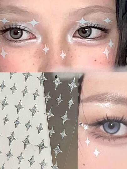 1张流行银色星爆脸部贴纸，闪亮眼妆装饰贴纸，立体星光亮片脸部装饰贴纸，适用于舞台、派对、化妆、摄影、Y2K、Kpop、嘉年华、脸部宝石、装饰贴纸