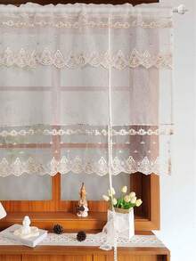 1 chiếc rèm cửa buộc dây họa tiết hoa lãng mạn cho cửa sổ nhỏ, kiểu dáng La Mã, có thể điều chỉnh, chất liệu ren voan mỏng, nhiều lớp, thích hợp trang trí nhà cửa, bao gồm rèm cửa sổ, rèm trang trí ban công và rèm có khe luồn thanh treo. - Màu be - Xem 9