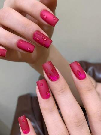 24 buc unghii pătrate, simple și albe, cu culoarea Pitaya, sclipici ochi de pisică, efect de picătură de apă tridimensional, acoperire completă mată, unghii artificiale acrilice, potrivite pentru cadouri de Anul Nou pentru femei, petreceri, baluri și decorațiuni zilnice pentru unghii