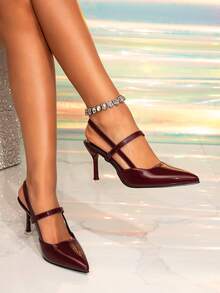1 Pair Solid Color Pointed Toe Hollow Out High Heel Pumps, Suitable For Commuting And All Seasons - Burgundy - View 2