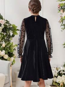 Tween Girl Butterfly Mesh & Velvet Patchwork Party Dress - Black - View 2