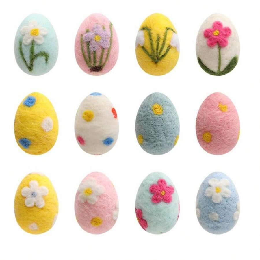 4pcs Handmade Wool Felt Easter Eggs - Colorful And Textured Eggs Decorated With Floral And Bunny Patterns, Handcrafted Ornaments Suitable For Tabletop Decor, Room Decoration, Craft Making, Easter Display, Party Decoration And Spring Home Decor - Multicolor - View 1