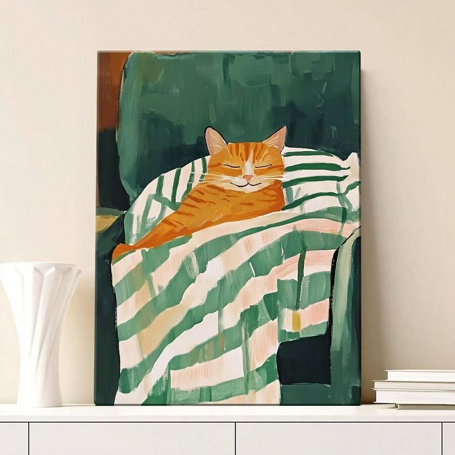Póster de lienzo enmarcado de madera, gato naranja feliz acostado en una silla, envuelto en arte de rayas verdes, perfecto para la decoración de oficinas, pasillos y salas de estar. - Multicolor - Ver 1