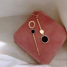 不對稱圓形&長款條形耳墜 - 金色 - 查看 4