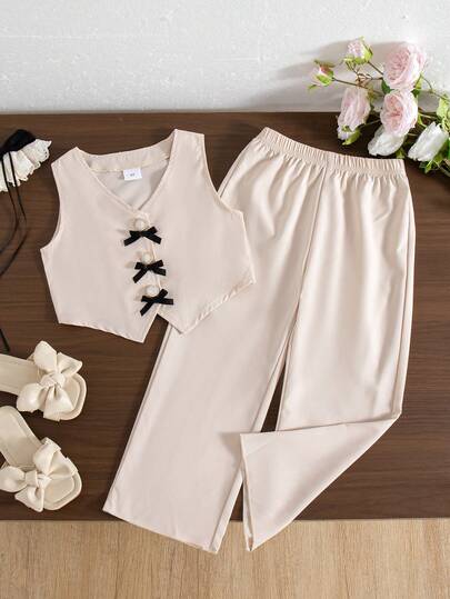 2pcs/Set Girls Casual Solid Color Bow Decor Sleeveless Top And Long Pants Outfit, Summer