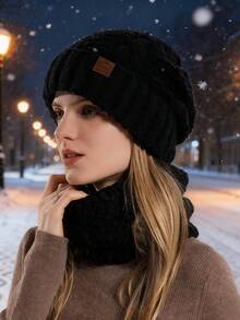 Winter Knitted Hat & Scarf Set, Unisex Warm Knitted Hat With Ear Muffs, Knitted Blend Beanie And Scarf Set For Cold Weather - Khaki - View 5