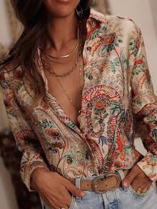 Spring And Summer New Women's Tops, Full-Body Printed Casual And Fashionable Flower Blouses, Front-Buttoned Vacation Style Lapel Long-Sleeved Shirts. - Multicolor - View 2