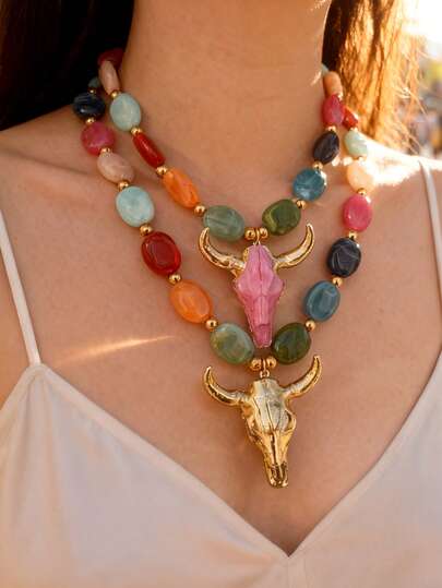 1 pieza Collar de cuentas de acero de titanio con cabeza de buey de estilo vaquero occidental, elegante y exquisito, adecuado para mujeres, hermanas, parejas, regalo de joyería perfecto para el Día de San Valentín, reuniones diarias, fiestas, festivales y vacaciones