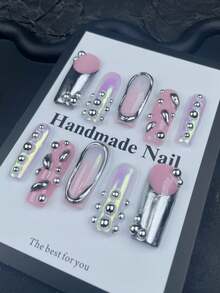 10片装可爱粉色长方形亚克力美甲贴纸套装，3D装饰，Y2K铬金线条美甲设计，朋克风亮面法式美甲贴纸，美甲用品，闪亮假指甲，适合女性和女孩在婚礼当天佩戴 - 粉色 - 查看 5