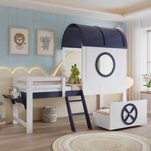 Letto a castello, letto a soppalco, letto per bambini con tetto e finestra, cassetto inferiore con rotelle, pratica scaletta inclinata a due gradini, pino + MDF + compensato, bianco + blu scuro, 90 x 200 cm - Bianco + Blu scuro - Visualizzare 1