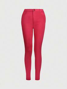 干净合身斜口袋高腰彩色超弹力紧身日常舒适长裤 - 玫紅色 - 查看 1