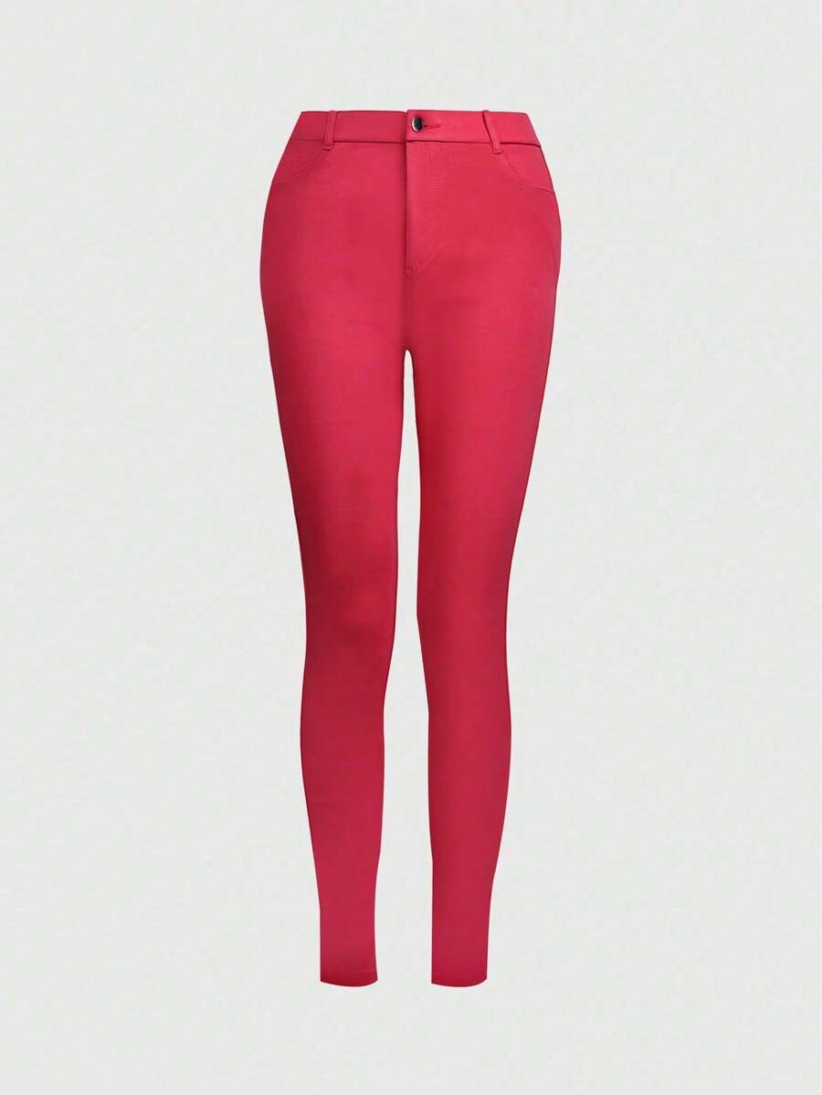 干净合身斜口袋高腰彩色超弹力紧身日常舒适长裤 - 玫紅色 - 查看 1