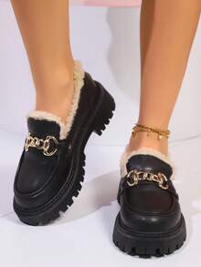 Plus Size Women's Thermal Lined Loafers, Thick Sole Slip-On Casual Oxfords In Black & Brown, Versatile English Style Sneakers For Women, Autumn/Winter