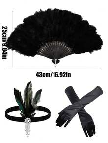3/2/1 Set 1920s Flapper Accessories - Feather Fan, Headband And Gloves Set, Suitable For Vintage Weddings, Dance Costumes, Themed Outfits (Black) - Multicolor - View 17