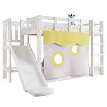 Wooden Bunk Bed With Ladder And Railing, With Curtain, Slide, Fall Protection And Railing, MDF+Pine, White, 90x200cm - 白色 - 查看 12