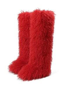 Luxury EdgyElongate Womens New Christmas Furry Fluffy Boots Over Knee Roud Toe Flat Sole Pull On WInter Fur Boots Outdoors Party Dressy Occasions Snow Shoes - Đỏ - Xem 9