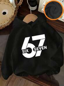 男童“67”数字字母印花抓绒套头卫衣，保暖舒适，适合秋冬季穿着 - 黑色 - 查看 3