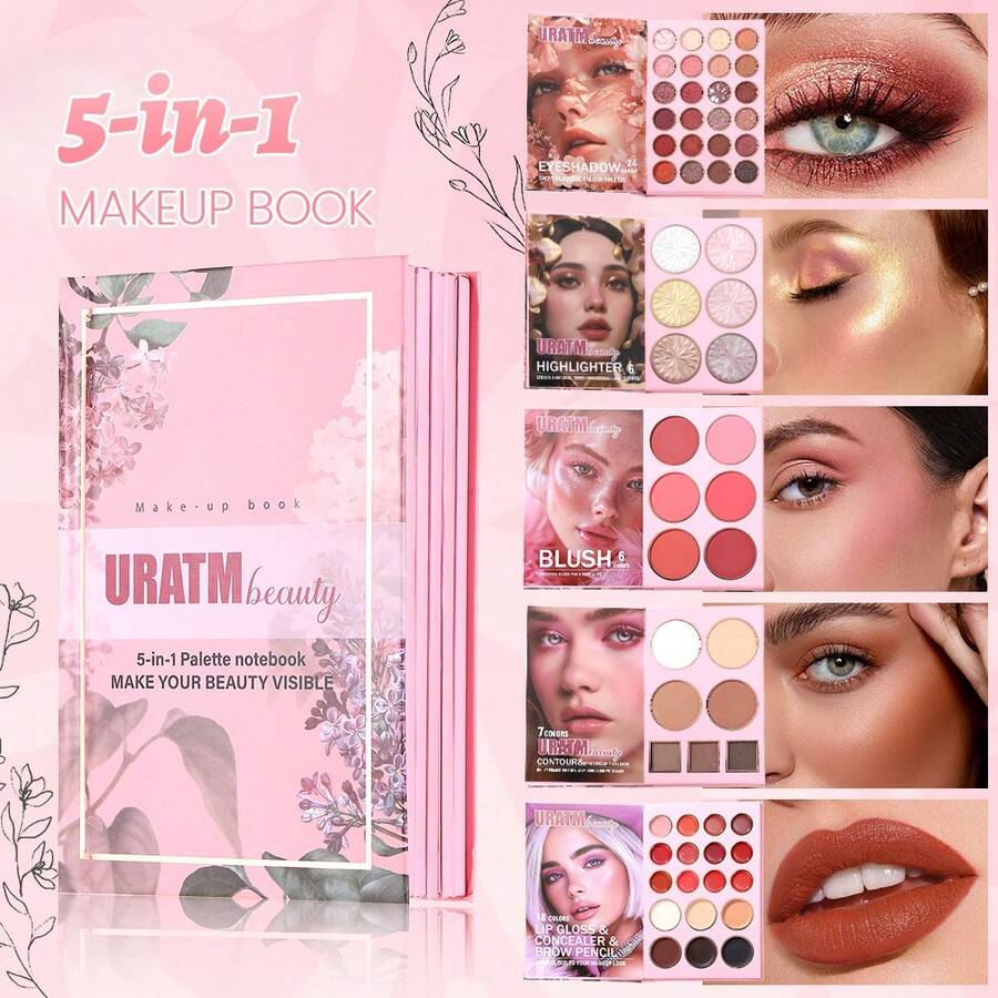 粉色五层彩妆盘，终极多功能彩妆盘，包含眼影、腮红、修容膏、眉粉和唇膏，专业彩妆套装，女士礼物