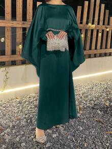 2pcs Women Pearl Chain Commuter Cape, Long Robe Set, Modest Abaya - Green - View 3