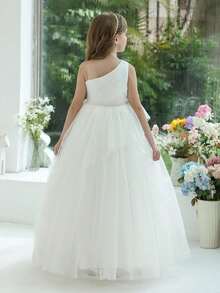 少女优雅连衣裙 花童礼服 公主裙，适合儿童生日派对、婚礼花童、舞会、派对、节日场合 - 白色 - 查看 4