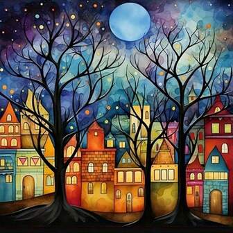 1pc Unframed Round Diamond Painting Kit - Town Under The Moon Theme, Full Drill Diamond Art, Canvas DIY Mosaic Craft Kit With Pen, Glue, Diamond Tray, Diamond Beads. Suitable For Diamond Painting Enthusiasts, Home Wall Decor Gifts, Children's Educational Toys, Stress Relief