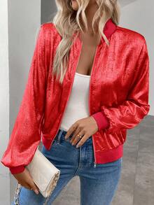 Keke Bloomly Women's New Lightweight Long Sleeve Zip-Up Casual Jacket With Shiny Hot-Stamped Accents, Fashionable Regular Fit Jacket In Passionate Red, Suitable For Women All Seasons - Red - View 6