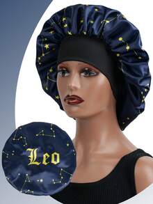 1pc Satin Elastic Sleeping Cap With Drawstring Bow, Printed With 12 Zodiac Signs, Unisex - Navy Blue - View 24