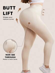1pc Women's Plus Size High Waist Black Leggings, Slimming Tummy Control Shaping - Beige - View 2