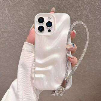 1pc Minimalist Elegant Pearl White 3D Wavy Design Phone Case With Phone Lanyard, Compatible With IPhone 11, 12, 12 Pro Max, 12 Pro, 13, 13 Pro, 13 Pro Max, 14, 14 Pro, 14 Pro Max, 14 Plus, 15, 15 Pro, 15 Pro Max, 15 Plus, 16, 16 Pro, 16 Plus, 16 Pro Max, 17, Air, 17 Pro, 17 Pro Max
