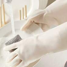 1 Pair Extra Long & Thick Durable Waterproof, Oil-Resistant Multi-Purpose Cleaning Gloves For Household, Car, Painting, Kitchen, Bathroom Use. Prevent Soiling, Reusable, Easy To Hang Dry - White - View 6