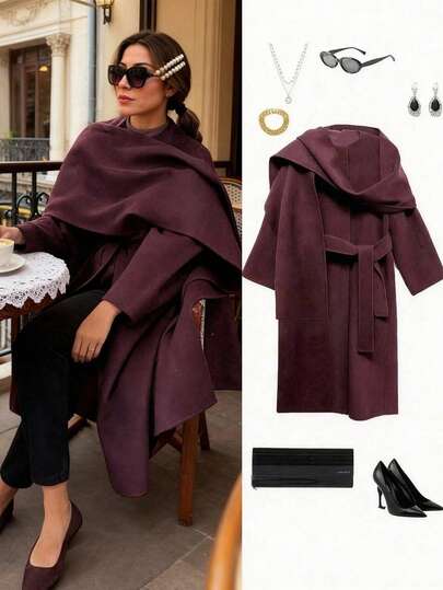 معطف نسائي جديد كاجوال متعدد الاستخدامات بياقة وشاح، أنيق بأكمام طويلة مناسب للتنقل، بطراز سيدة أنيقة، معطف طويل بلون بوردو، مناسب للخريف/الشتاء والربيع