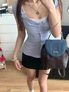 Women's Cute Plaid Blouse Off Shoulder Slim Fit Tank Top Y2K Frill Trim Crop Tops Cute Button T-Shirt Teen Girls Vintage Preppy Shirts Fashion Cap Sleeve Camisole Casual Going Out Tops Aesthetic Streetwear Fairy Grunge Clothes - Màu xanh lam - Xem 5