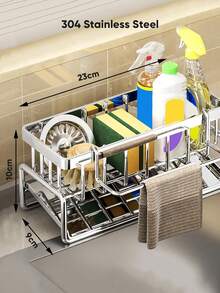 1pc Stainless Steel Kitchen Sink Organizer Rack, Thick Rust-Resistant Design With Integrated Sponge Holder - Black Space-Saving Countertop Dish Drying Rack, Suitable For Sink, Dishcloth, Brush - Compact Kitchen Storage Rack, Fits Small Spaces, Sink Caddy With Towel Bar, Kitchen Sink Shelf, Stainless Steel Sink Organizer - Multicolor - View 3