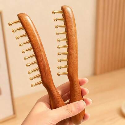 1件装头部经络按摩梳铜木经络梳针刺刮痧头皮放松工具，加宽梳齿可轻柔抚平头发并按摩头皮；天然木质梳齿；男女通用，适合普通发质；光滑手柄，握感舒适。