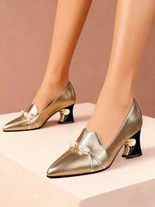 Chunky Heel Pearl Pointed Toe Slip-On High Heels, Cute & Professional For Spring/Autumn - Gold - View 15