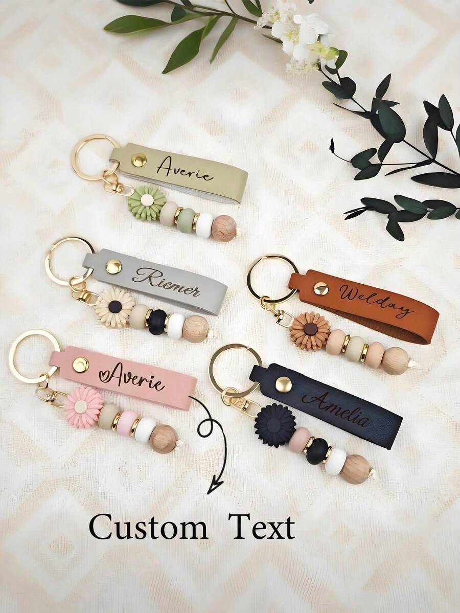 Customized Personalized Keychain, Daisy Keychain, Daisy Beaded Keychain, Faux Leather Keychain, Flower Girl Gift, Teacher Gift, Birthday Gift, Beaded Keychain, Key Accessories, Valentine's Day Gift, Car Accessories, School Supplies, Cute Gothic Style - Multicolor - View 1