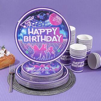 10 st/20 st/40 st/50 st K-Pop-tema Anime-fest engångsservis, lila konserttema födelsedagsdekorationer och fat, inkluderar 23 cm festtallrikar och 18 cm sidotallrikar, lämplig för födelsedagsfestbordsdekorationer, discofesttillbehör, papperstallrikar, koppar, servetter, lämplig för discokula, dans, rullskridskoåkning, hiphop, rock födelsedagsservis engångs