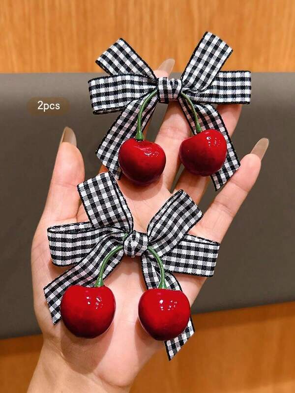 2pcs Cute Cherry Bow Hair Clips, Sweet Style Hair Accessories Suitable For Daily Use, Affordable Hair Decor