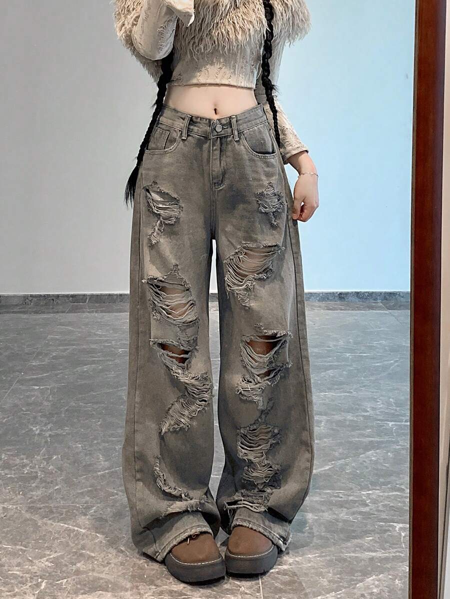 破洞牛仔阔腿宽松裤 - 復古色 - 查看 1